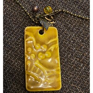 Artisan Ceramic Pendant Necklace Brass Ball Chain Yellow Glazed Tile Boho Leaf
